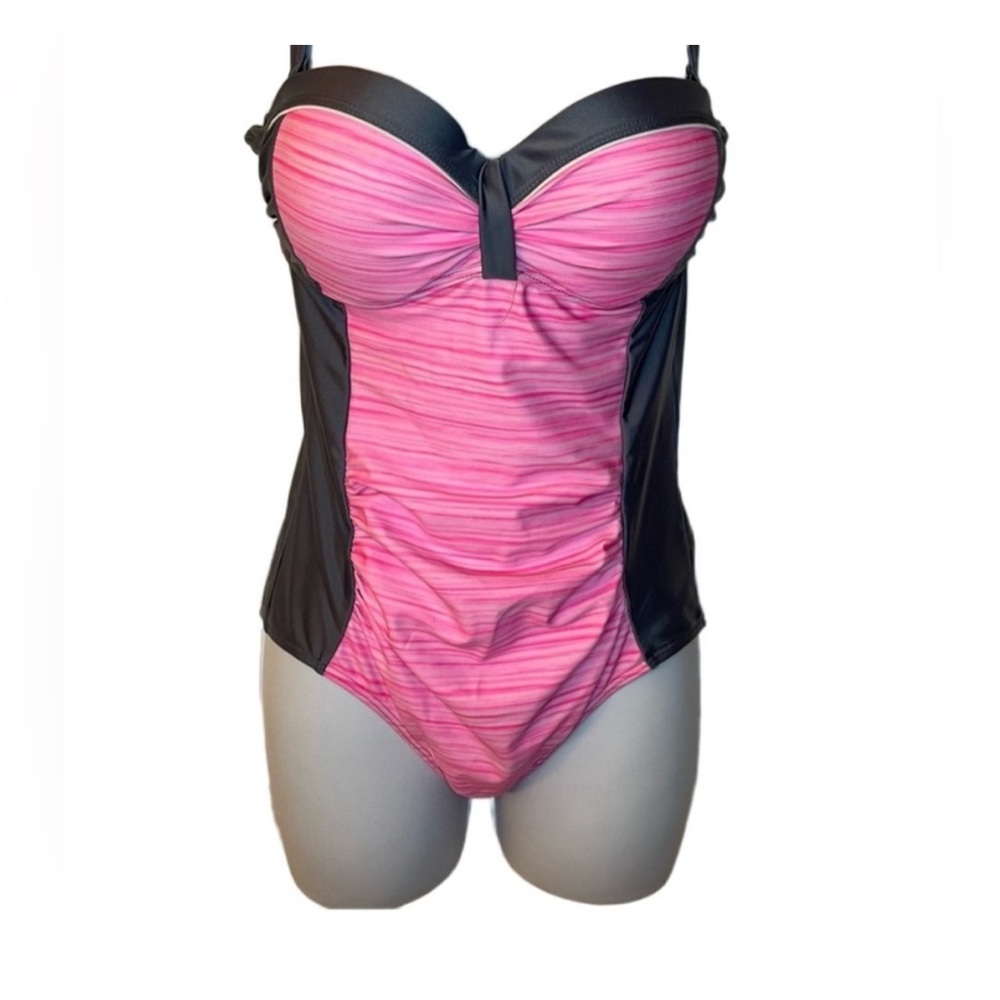 Pink and Black One Piece Swimsuit with Sweetheart Neckline
